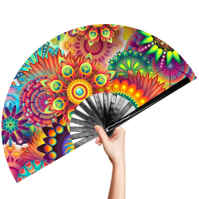OMyTea Large Bamboo Rave Festival Folding Hand Fan for Men/Women - Chinese Japanese Handheld Fan with Fabric Case - for Electronic Dance Music Party, Performance, Decorations, Gift (Fantasy Flowers) - Image 1